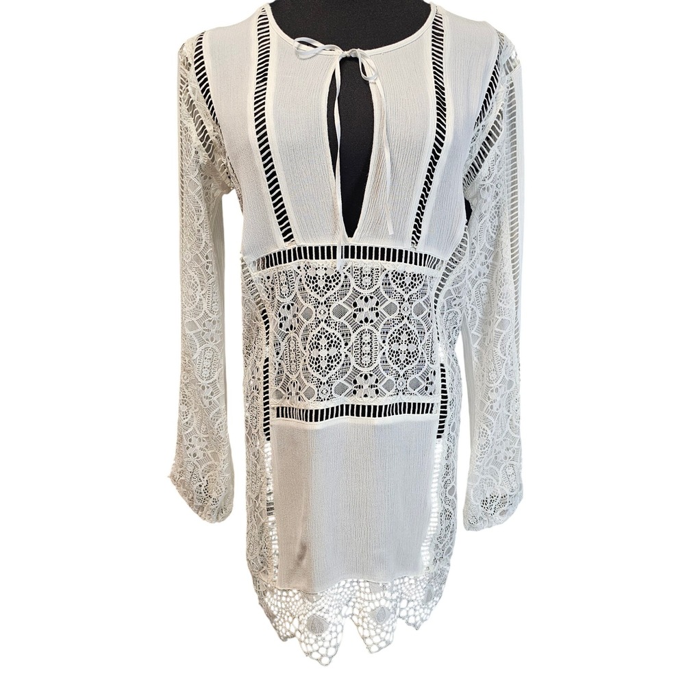 For Love & Lemons White Crochet Lace Boho Mini Dress Coverup XS Long Sleeve - Picture 3 of 7